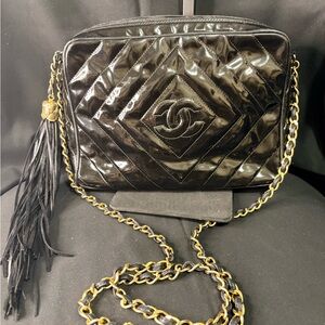 Chanel Vintage Black Quilted Patent Leather Crossbody Bag